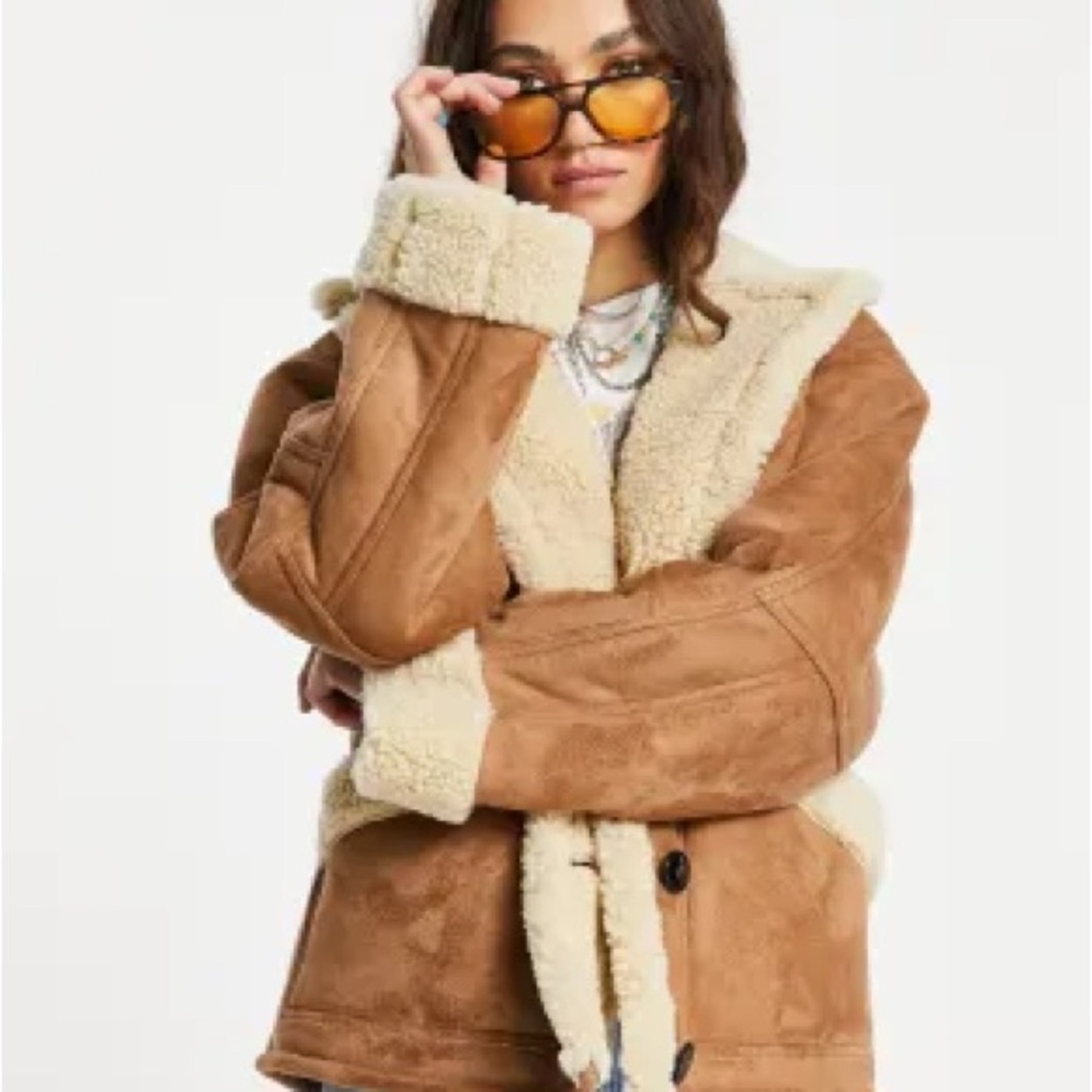 Topshop Faux Shearling Oversized Car Jacket In Tan-brown